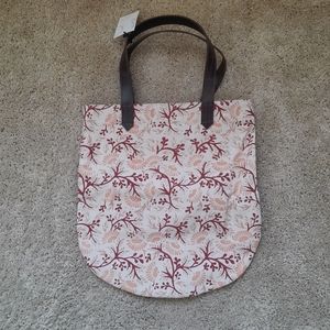 NWT Joyn Chaya Lotus Print Floral Canvas Tote Bag with Brown Leather Handles